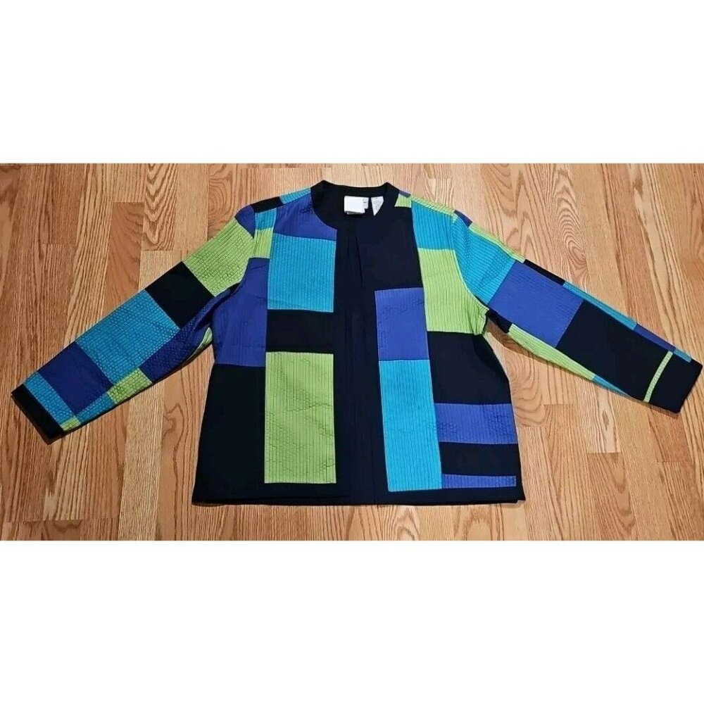 Alfred Dunner Color Block Patchwork Duster Jacket Sz 12 Vtg Artsy Phoebe Buffay